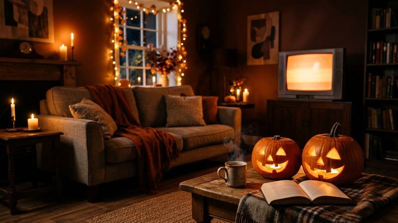 Salon chaleureux le soir d'Halloween, citrouilles allumées et plaid, téléviseur allumé à l'écran neutre, photo d'illustration sans texte, logo ni personne identifiable