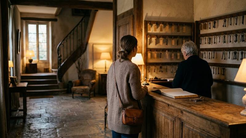 Hall d'un petit hôtel de province vu de dos, avec comptoir de réception en bois et clés accrochées au mur, photo d'illustration sans lien direct avec l'émission