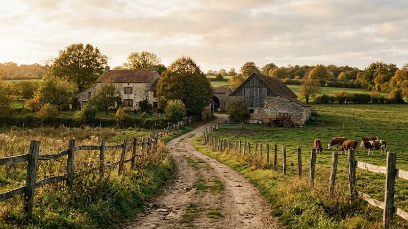 Chemin de terre bordé d'une clôture en bois menant à une ferme au coucher du soleil, photo d'illustration sans personne identifiable