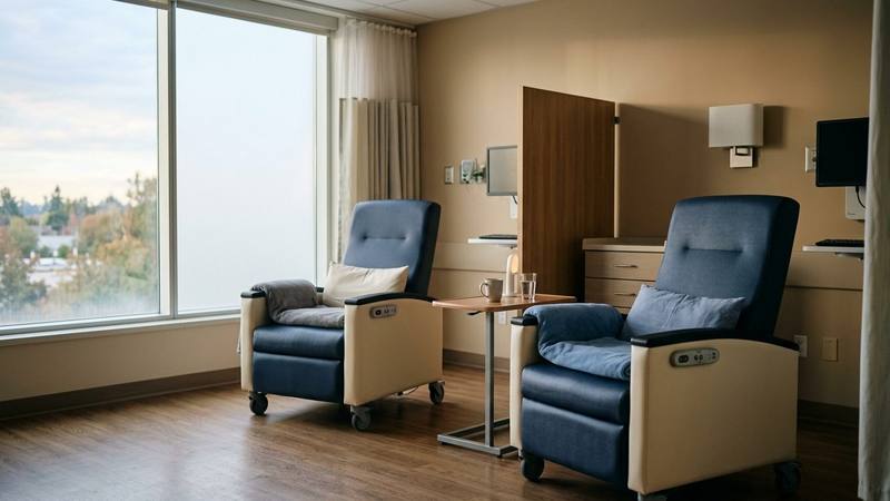 Salle de soins d'un hôpital vide, deux fauteuils côte à côte baignés d'une lumière douce, photo d'illustration sans lien direct avec le tournage du téléfilm