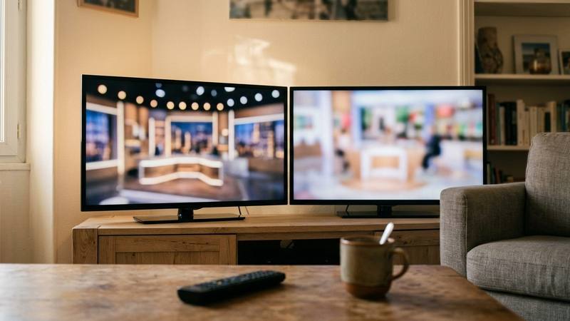 Deux écrans de télévision allumés côte à côte dans un salon plongé dans la pénombre en début de soirée, photo d'illustration sans lien direct avec les émissions citées