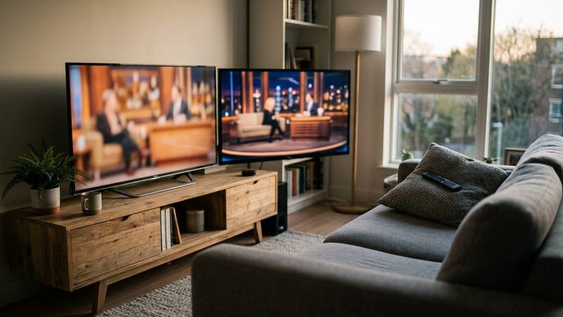 Deux écrans de télévision allumés côte à côte dans un salon calme en fin de journée, photo d'illustration sans lien direct avec les émissions citées
