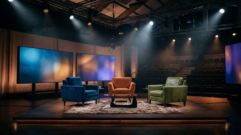 Un plateau de talk-show vide en soirée, avec trois fauteuils face à des écrans lumineux, photo d'illustration sans lien direct avec les émissions citées