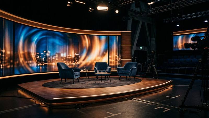 Trois fauteuils vides face à des écrans lumineux sur un plateau de talk-show en soirée, photo d'illustration sans lien direct avec les émissions citées