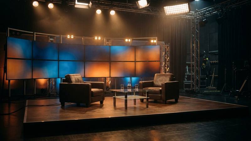 Deux fauteuils de plateau face à des écrans allumés dans un studio de télévision en soirée, photo d'illustration sans lien direct avec les émissions citées