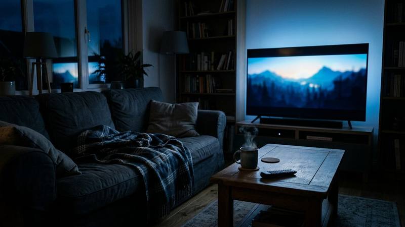 Salon plongé dans la pénombre un samedi soir, télévision allumée dont la lumière bleutée éclaire un canapé vide, photo d'illustration sans lien direct avec une émission précise