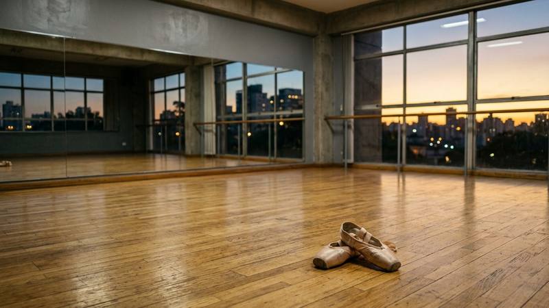 Studio de danse vide au parquet clair, grandes baies vitrées et miroirs au crépuscule, photo d'illustration sans lien direct avec le tournage de l'épisode