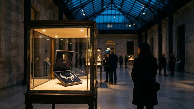 Vitrine de joaillerie éclairée dans un hall de musée parisien, écrin ouvert sur un collier de pierres, silhouette floue en arrière-plan, photo d'illustration sans personnalité identifiable