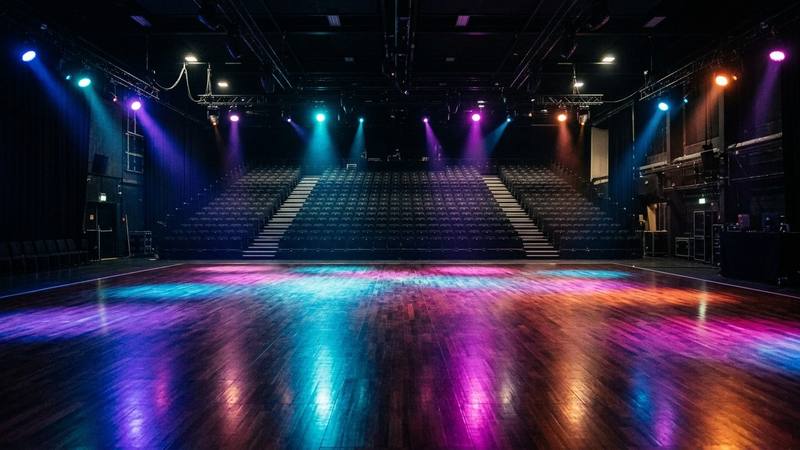 Piste de danse vide sous des projecteurs colorés dans un studio de télévision, photo d'illustration sans lien direct avec une saison précise