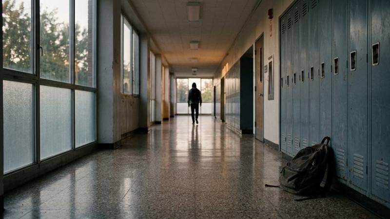 Couloir de collège vide en fin de journée, casiers alignés et lumière froide, photo d'illustration sans lien direct avec le téléfilm