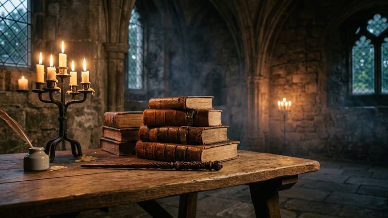 Pile de vieux livres, chandeliers allumés et baguette en bois sur une table de pierre dans une grande salle gothique, illustration sans lien direct avec un film précis