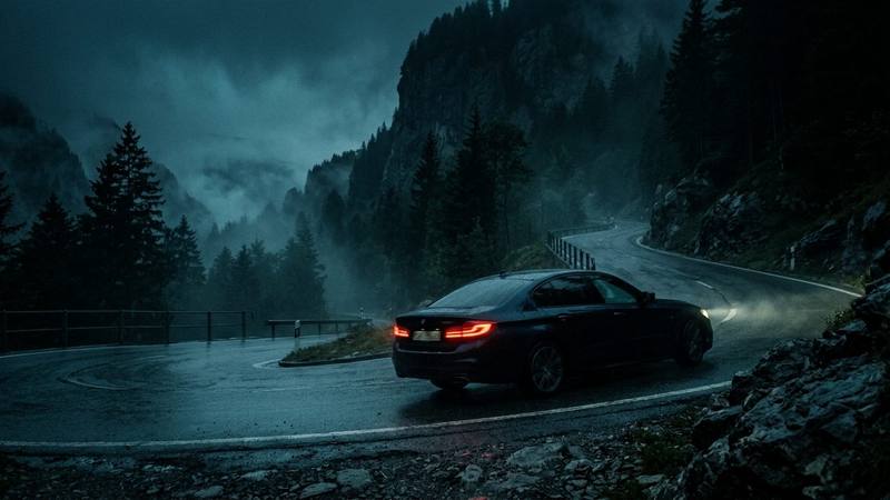 Voiture de nuit sur une route de montagne suisse, phares allumés dans la brume, photo d'illustration sans personnalité identifiable
