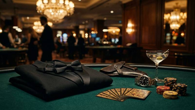 Smoking noir et nœud papillon posés sur une table de casino sous une lumière tamisée, photo d'illustration évoquant un agent secret sans lien direct avec un film précis