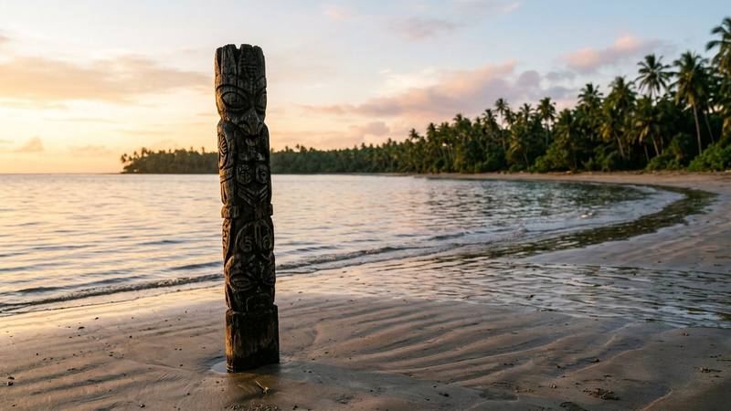 Plage tropicale déserte au lever du jour avec un totem de bois planté dans le sable, cocotiers en arrière-plan, photo d'illustration sans texte ni personne identifiable