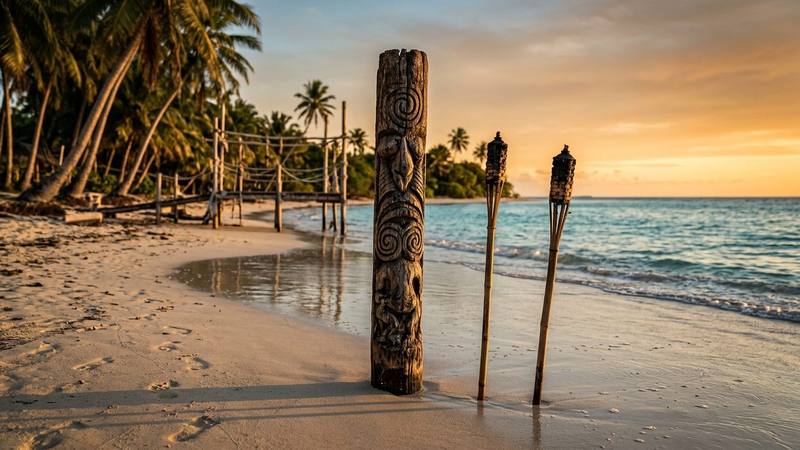 Plage tropicale déserte au crépuscule avec un totem de bois planté dans le sable et deux flambeaux éteints, photo d'illustration sans texte ni personne identifiable