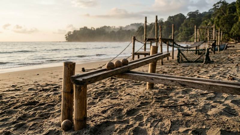 Rail en bois surélevé et trois balles posées sur le sable d'une plage tropicale, sans personne à l'image, photo d'illustration sans lien direct avec la candidate