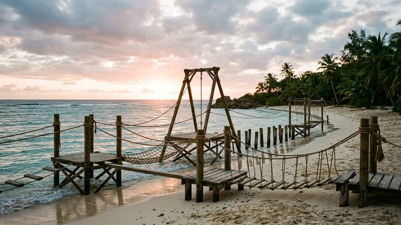 Parcours d'obstacles en bois et cordages au bord d'une plage tropicale, au lever du jour, sans personne à l'image, illustration sans lien direct avec la saison