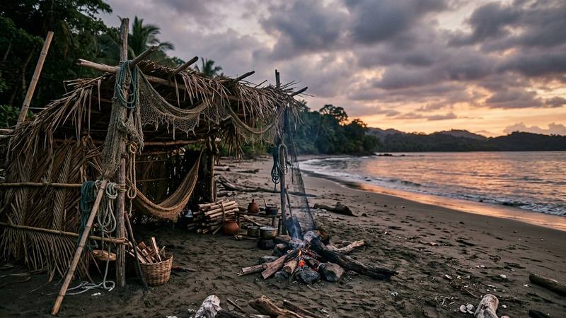 Camp de survie sur une plage tropicale au crépuscule, abri de bois, feu de camp et cordages, sans personne à l'image, illustration sans lien direct avec la saison