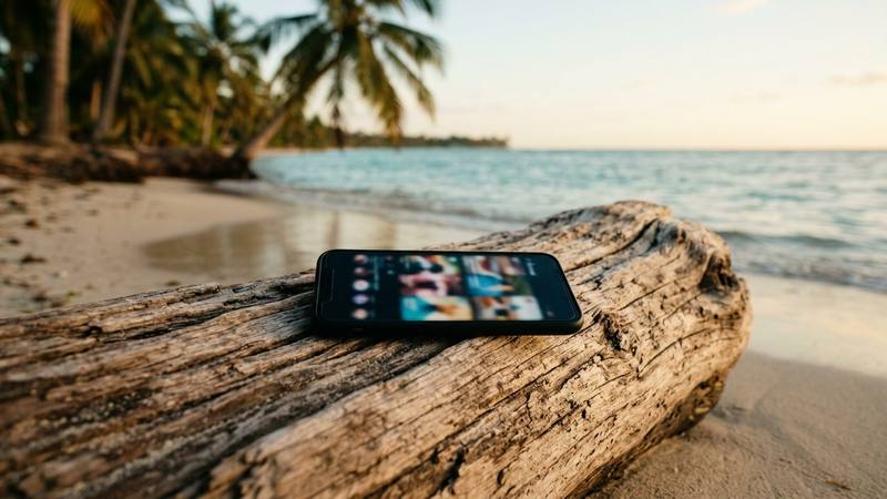 Smartphone posé sur un tronc de bois au bord d'une plage tropicale, écran allumé affichant un fil de stories flou, cocotiers et mer turquoise en arrière-plan, sans personne à l'image