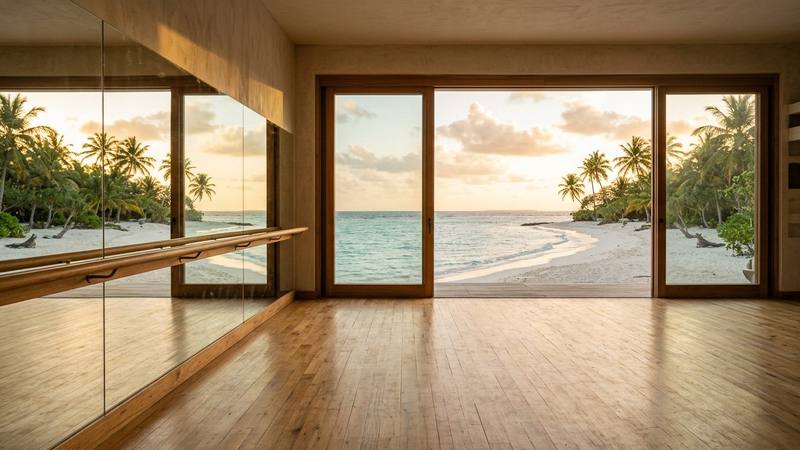 Salle de danse vide avec parquet clair et miroirs au premier plan, sable et palmiers visibles par une grande baie vitrée, photo d'illustration sans lien direct avec l'émission