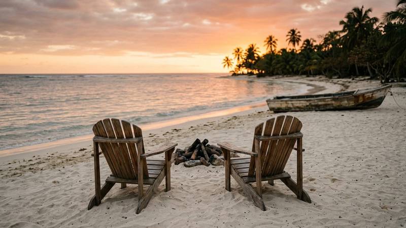 Deux sièges de bois face à la mer sur une plage tropicale au coucher du soleil, sans personne à l'image, photo d'illustration sans lien direct avec les images de l'émission