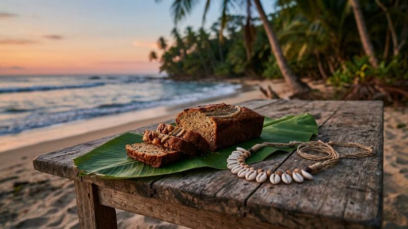 Table en bois sur une plage tropicale avec un gâteau découpé et un collier posé à côté, photo d'illustration sans lien direct avec les images de l'émission