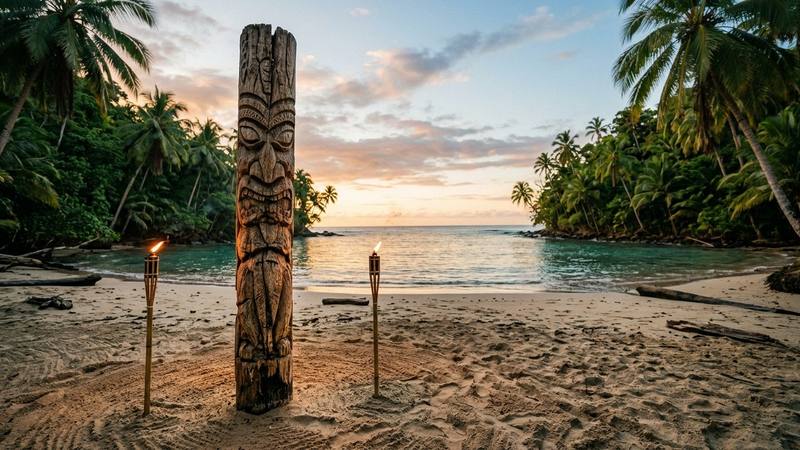 Plage tropicale déserte au crépuscule avec un totem de bois planté dans le sable et deux flambeaux éteints, photo d'illustration sans texte ni personne identifiable