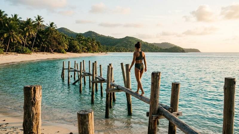 Épreuve d'équilibre sur des poteaux en bois au-dessus de l'eau, sur une plage tropicale au soleil, sans personne identifiable à l'image