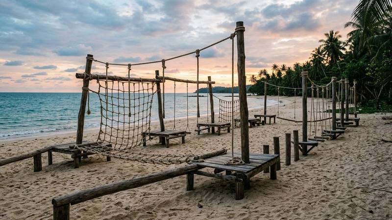Parcours d'épreuve en bois et cordages sur une plage tropicale au crépuscule, sans personne à l'image, photo d'illustration sans lien direct avec la saison