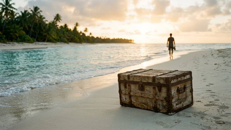 Plage tropicale au bord d'une eau turquoise avec une silhouette de dos au loin et une malle en bois posée sur le sable, photo d'illustration sans lien direct avec la candidate