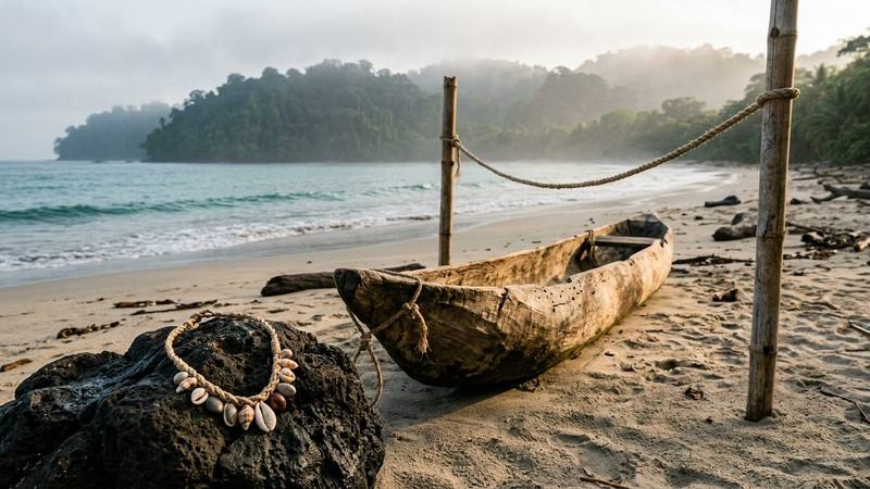 Plage tropicale du Panama au petit matin avec une pirogue en bois échouée sur le sable et un collier de coquillages posé sur un rocher, sans personne à l'image, illustration sans lien direct avec la candidate