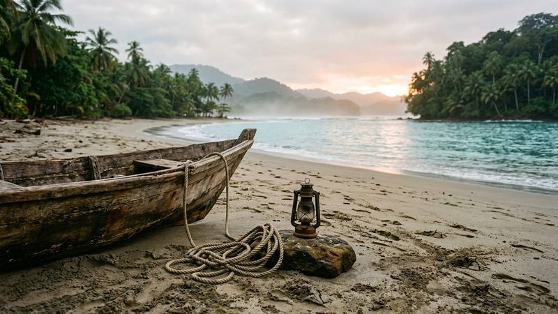 Plage tropicale au lever du jour avec une barque en bois échouée sur le sable, une corde enroulée et une lanterne éteinte, sans personne à l'image, illustration sans lien direct avec le candidat
