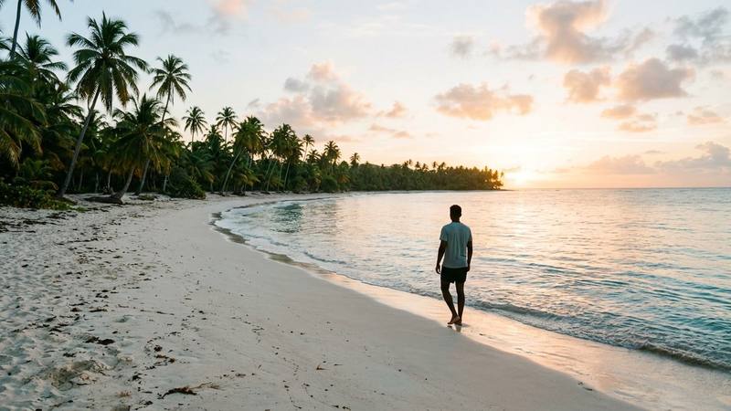 Plage de sable clair bordée de cocotiers face à une mer calme, photo d'illustration sans lien direct avec le candidat Yassin