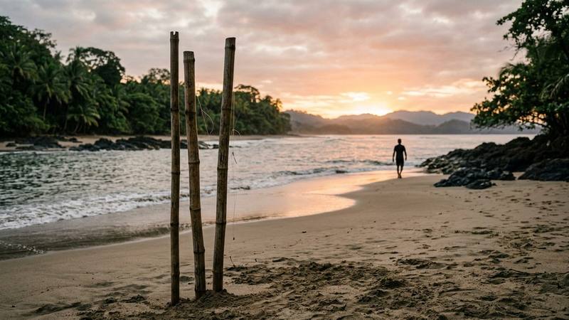 Plage de sable clair bordée de rochers et de végétation tropicale sous un ciel lumineux, photo d'illustration sans lien direct avec le candidat
