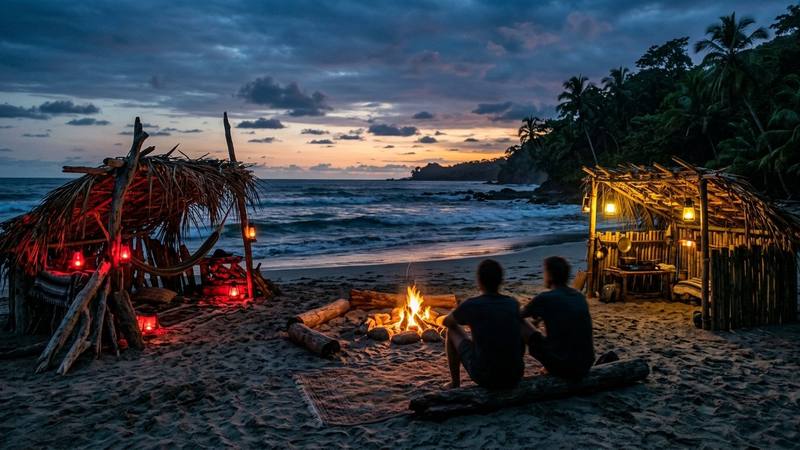 Deux tribus en bord de plage tropicale au crépuscule, silhouettes floues près d'un feu de camp, photo d'illustration sans lien direct avec le candidat