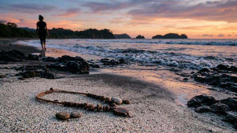 Plage tropicale du Panama au crépuscule avec un collier en bois posé sur le sable et une silhouette floue de dos au loin, illustration sans lien direct avec le candidat