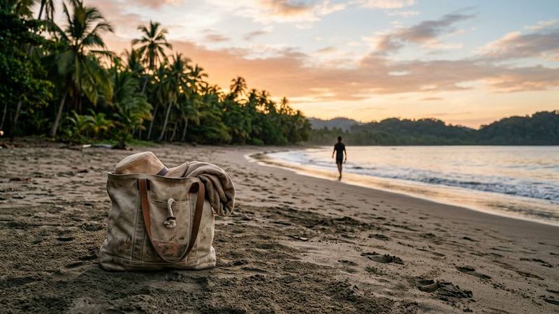 Plage tropicale du Panama au lever du jour avec un sac en toile posé sur le sable et une silhouette floue de dos au loin, illustration sans lien direct avec la candidate