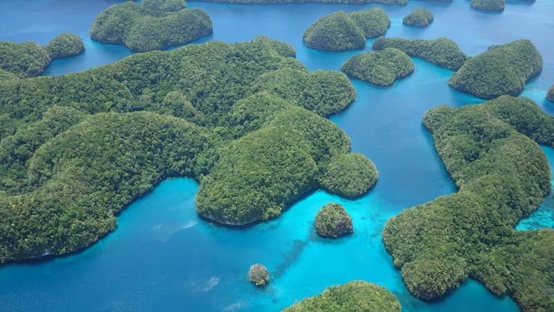 Vue aérienne des îles Rock de Palau, en Micronésie, archipel où s'est tournée la saison Palau de Koh-Lanta en 2009. © Luka Peternel, Wikimedia Commons (CC BY-SA 4.0)
