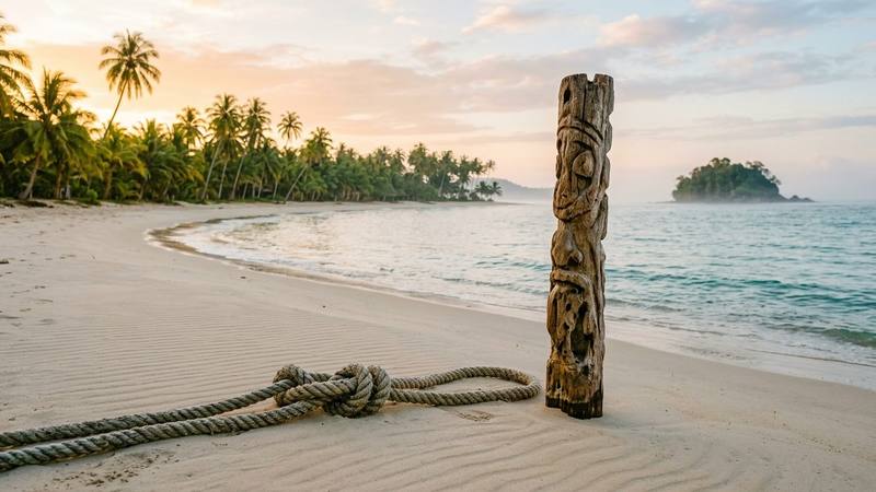 Plage de sable clair bordée de cocotiers au bord d'une eau turquoise, dans un archipel tropical au lever du jour, sans personne à l'image, illustration sans lien direct avec la saison