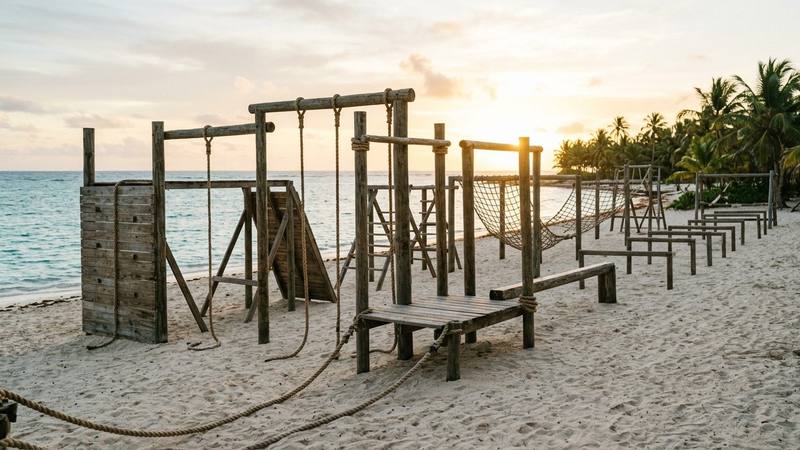Parcours d'obstacles en bois, filets et cordages sur une plage tropicale au crépuscule, sans personne à l'image, illustration sans lien direct avec les images de l'émission
