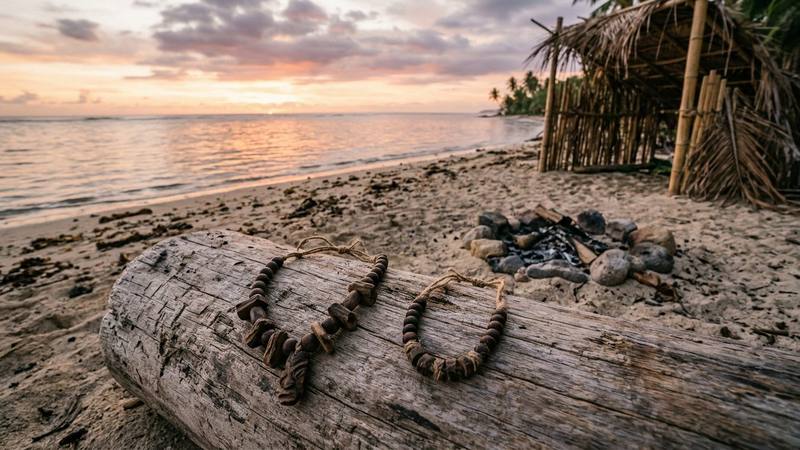 Deux colliers de bois posés sur un tronc au bord d'une plage tropicale à la tombée du jour, sans personne à l'image, photo d'illustration sans lien direct avec les candidats