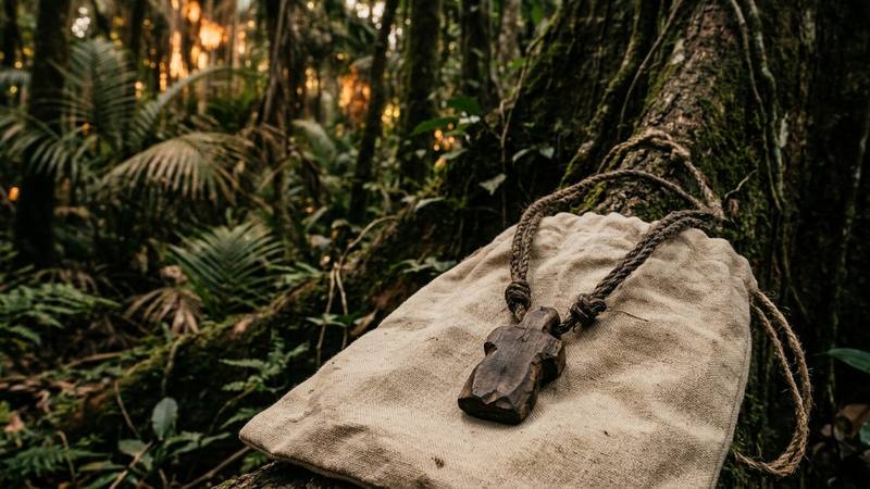 Faux collier de bois et de cordelette posé sur un sac de toile au pied d'un arbre, dans une forêt tropicale au crépuscule, photo d'illustration sans lien direct avec le candidat
