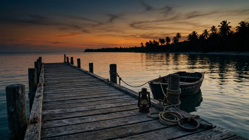 Ponton de bois vide au bord d'une mer calme, à la tombée de la nuit, avec une petite barque amarrée, photo d'illustration sans lien direct avec le candidat Yassin