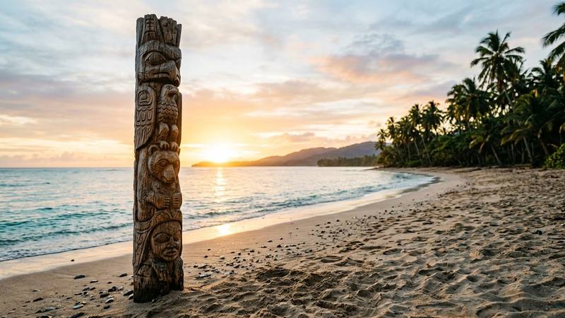 Totem en bois planté sur une plage tropicale au lever du jour, photo d'illustration sans lien direct avec un vainqueur précis