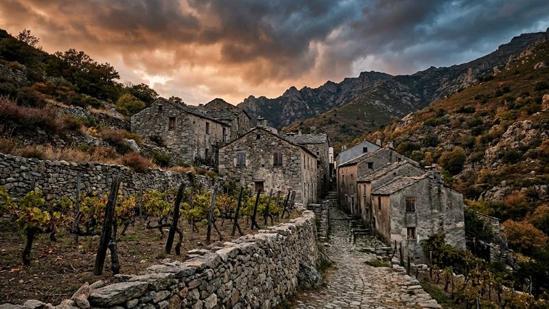 Village de montagne corse au crépuscule, maisons de pierre et maquis sous un ciel orageux, photo d'illustration sans personnalité identifiable