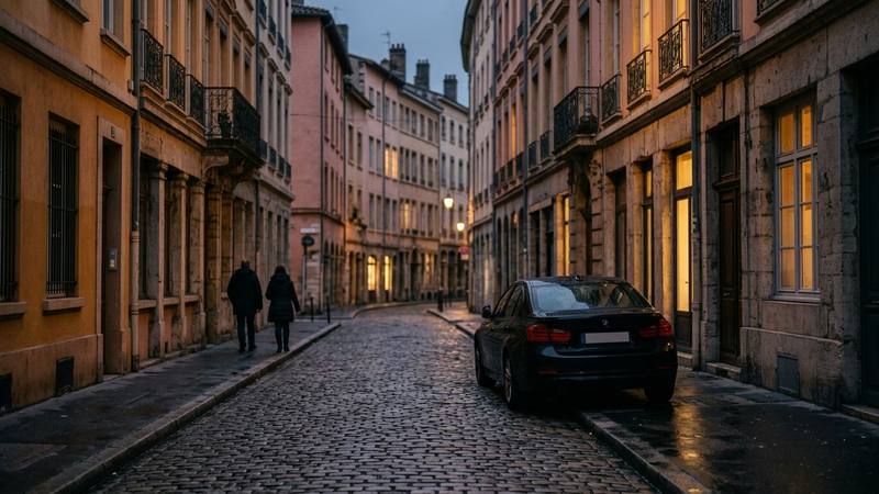 Rue lyonnaise au crépuscule avec façades colorées, lumières de bureaux allumées et voiture de police banalisée garée, photo d'illustration sans lien direct avec le téléfilm