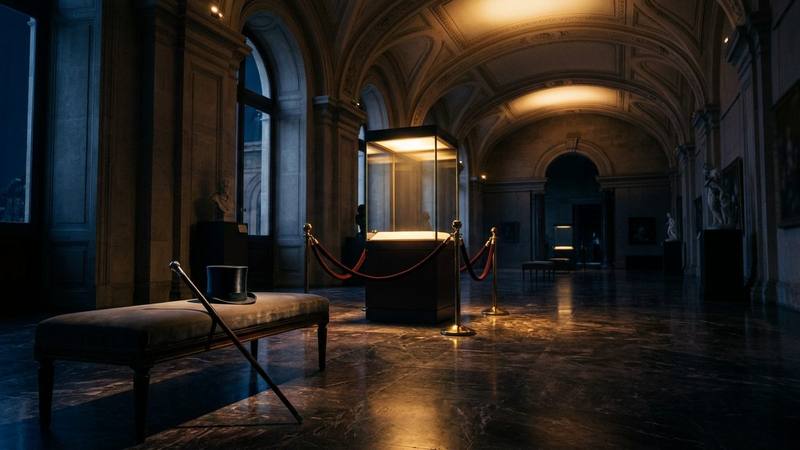Grande galerie de musée déserte la nuit, vitrine éclairée et sol de marbre sous un éclairage tamisé, photo d'illustration sans texte ni personne identifiable