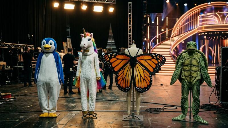 Costumes d'animaux colorés alignés sur des mannequins dans les coulisses d'un plateau de télévision, photo d'illustration sans lien direct avec une saison précise