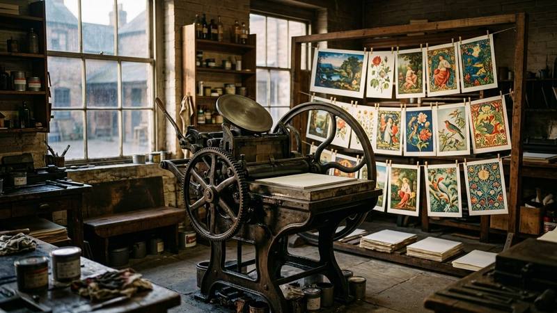 Une presse d'imprimerie ancienne et des planches d'images populaires colorées dans un atelier d'impression, photo d'illustration sans lien direct avec le téléfilm