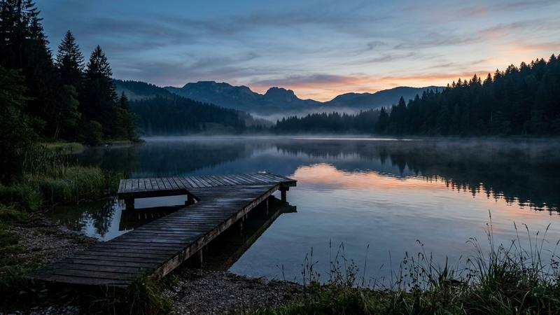 Un lac de montagne entouré de forêts dans la brume du soir, photo d'illustration sans lien direct avec le téléfilm Meurtres dans le Jura